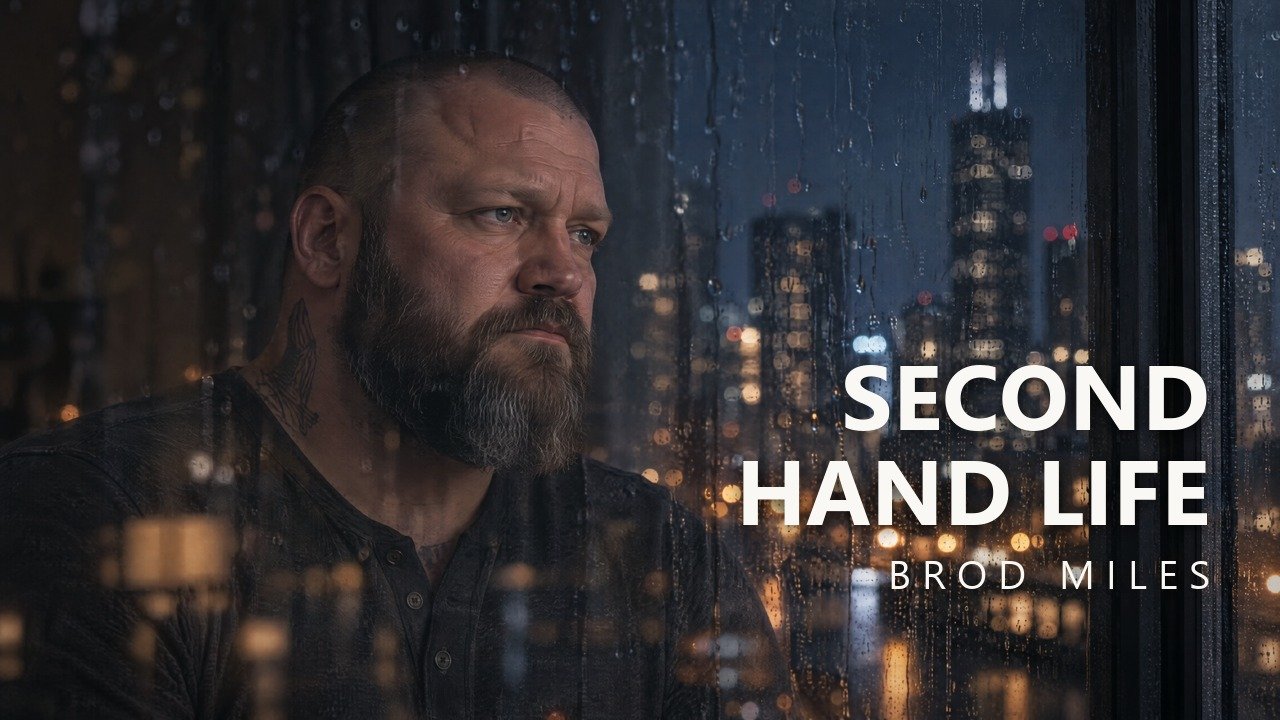 Brod Miles behind a rain-streaked window, city lights